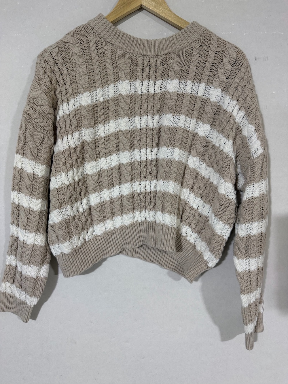 Jessica Simpson Taupe and White Striped Cable Sweater